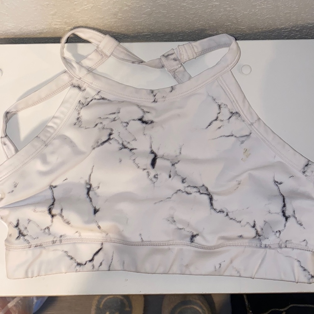 Large buff bunny sports bra - backless - white marble
